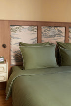 Housse de couette Percale de coton | Vert Olive Liseré Blanc