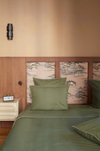 Housse de couette Percale de coton | Vert Olive Liseré Blanc