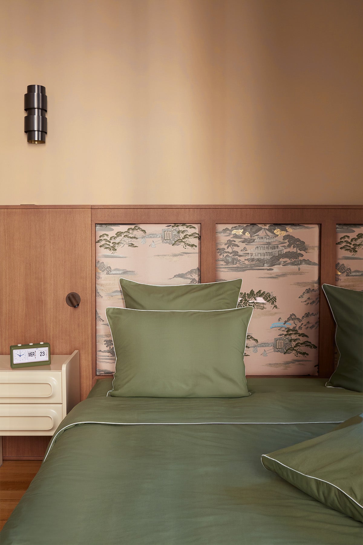 Housse de couette Percale de coton | Vert Olive Liseré Blanc