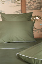 Housse de couette Percale de coton | Vert Olive Liseré Blanc