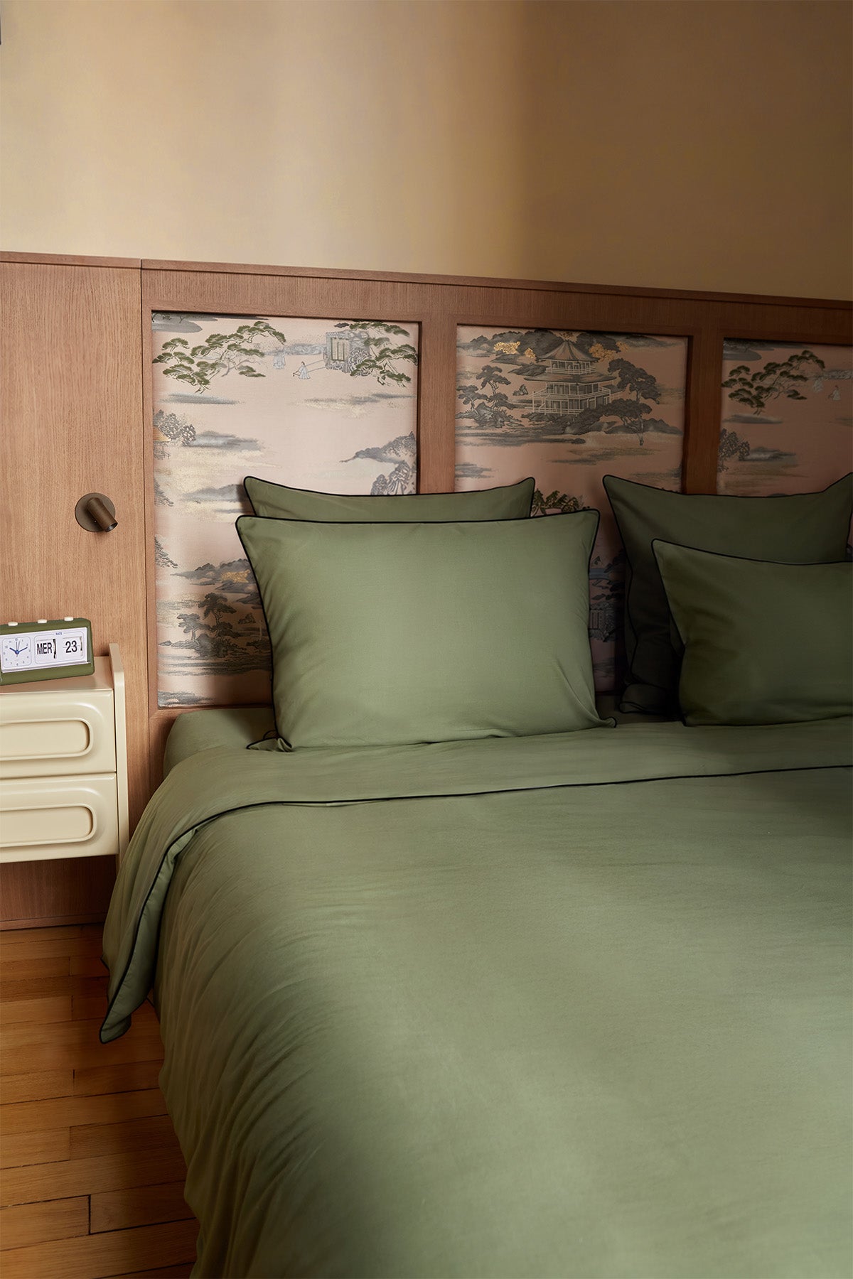 Housse de couette Percale de coton | Vert Olive Liseré Noir