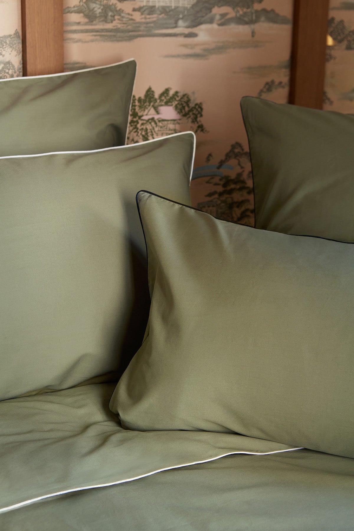 Housse de couette Percale de coton | Vert Olive Liseré Noir