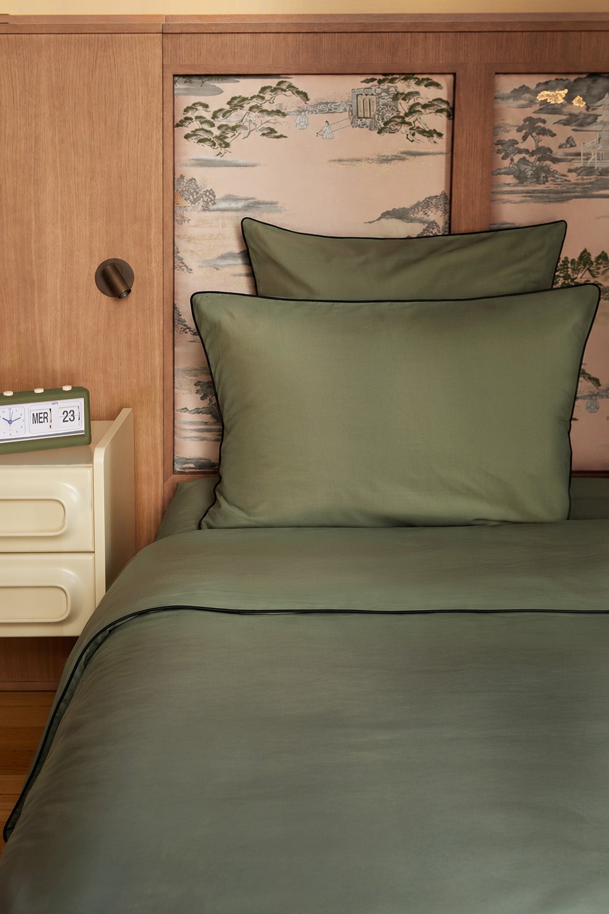 Paire de taies d'oreiller Percale de coton | Vert Olive Liseré Noir