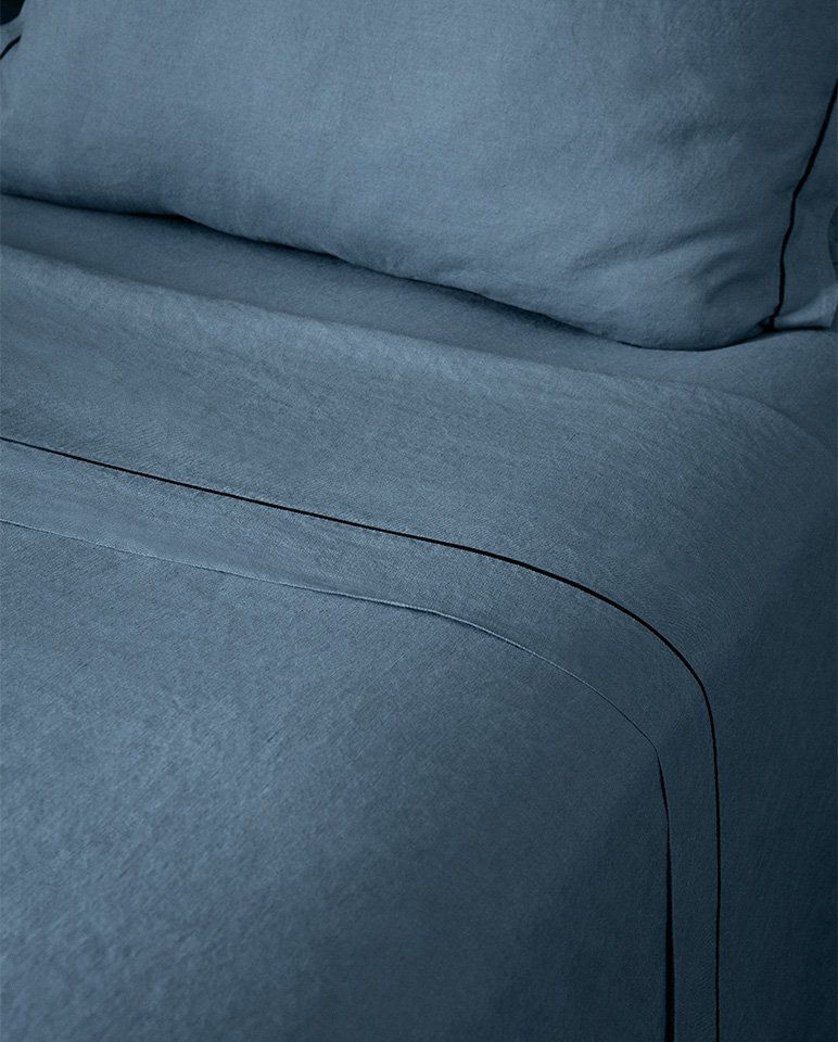 Drap plat en lin | Bleu Horizon Bourdon Noir