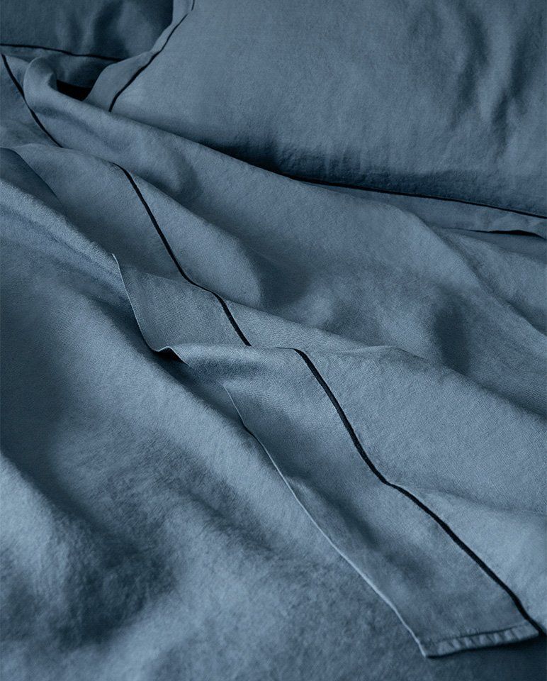 Drap plat en lin | Bleu Horizon Bourdon Noir