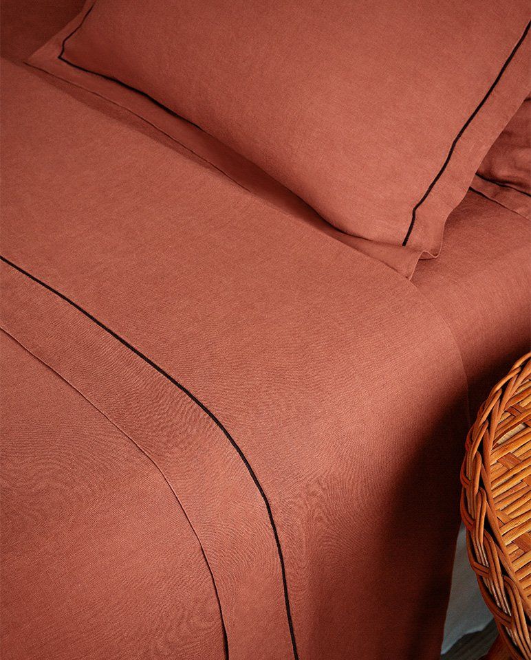 Drap plat en lin | Terracotta Bourdon Noir