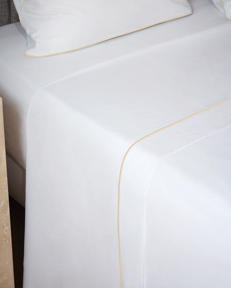 Drap plat Percale de coton Finition bourdon | Blanc Liseré Ecru