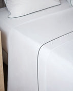 Flat Percale Cotton Sheet with embroidered trim | White with Grey border