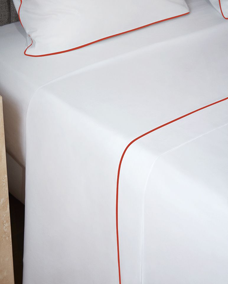 Drap plat Percale de coton Finition bourdon | Blanc Liseré Rouge Brique