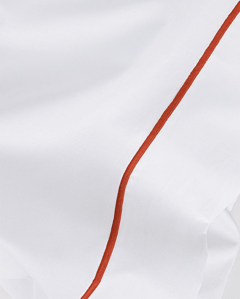 Drap plat Percale de coton Finition bourdon | Blanc Liseré Rouge Brique