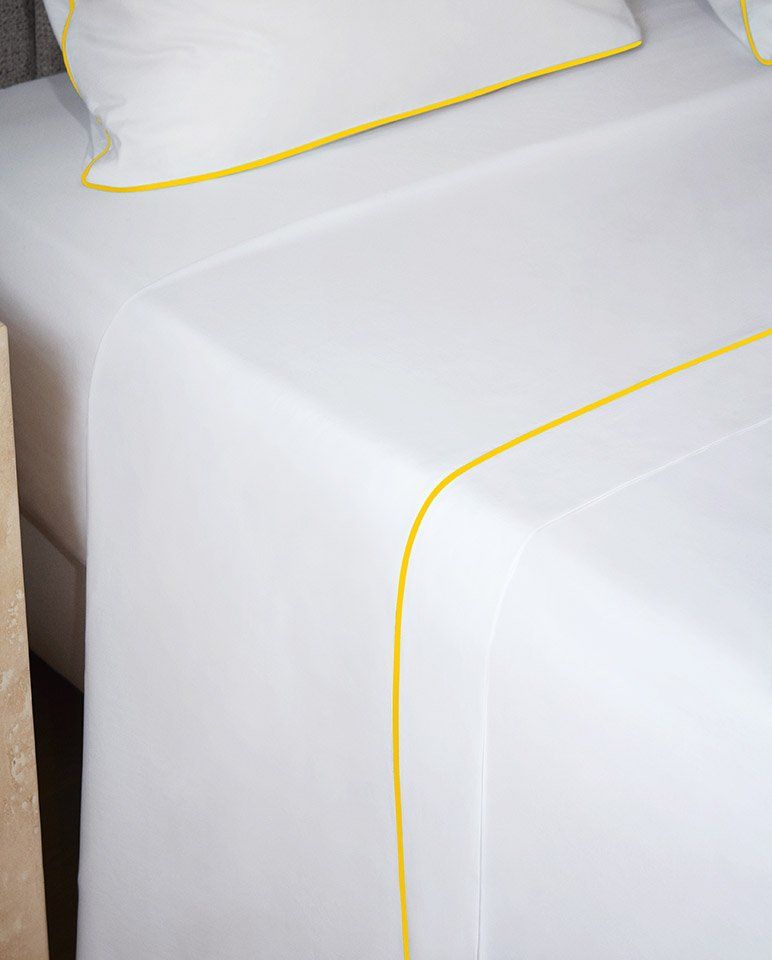 Drap plat Percale de coton Finition bourdon | Blanc Liseré Jaune Mimosa