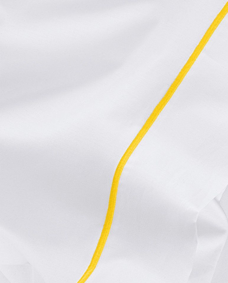 Drap plat Percale de coton Finition bourdon | Blanc Liseré Jaune Mimosa