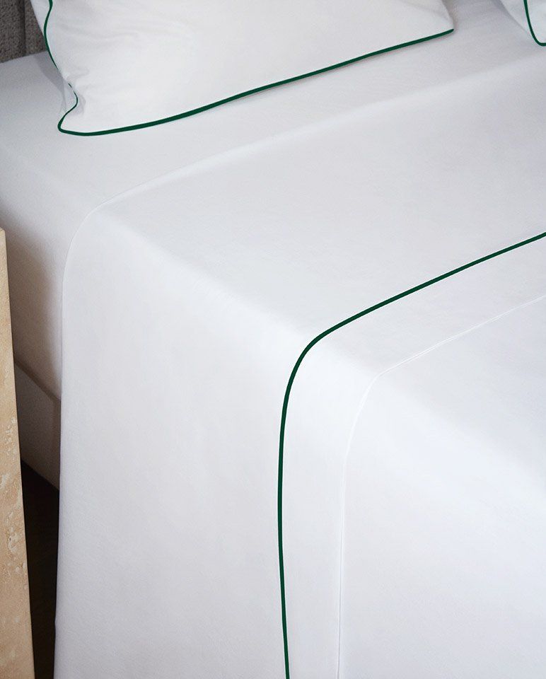 Drap plat Percale de coton Finition bourdon | Blanc Liseré Vert Anglais