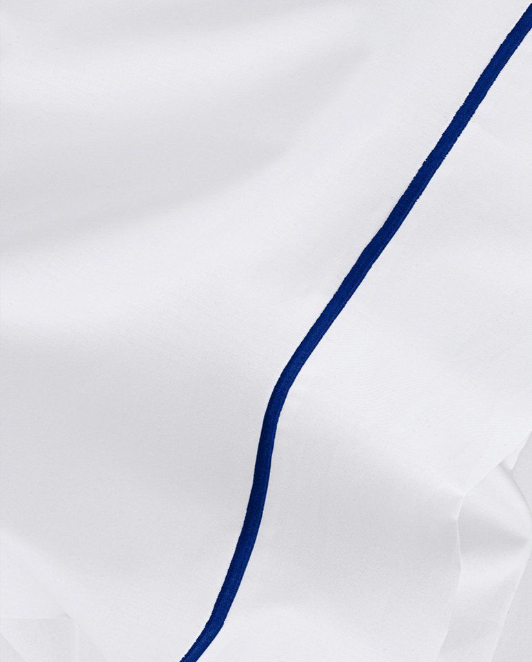 Drap plat Percale de coton Finition bourdon | Blanc Liseré Bleu Cobalt