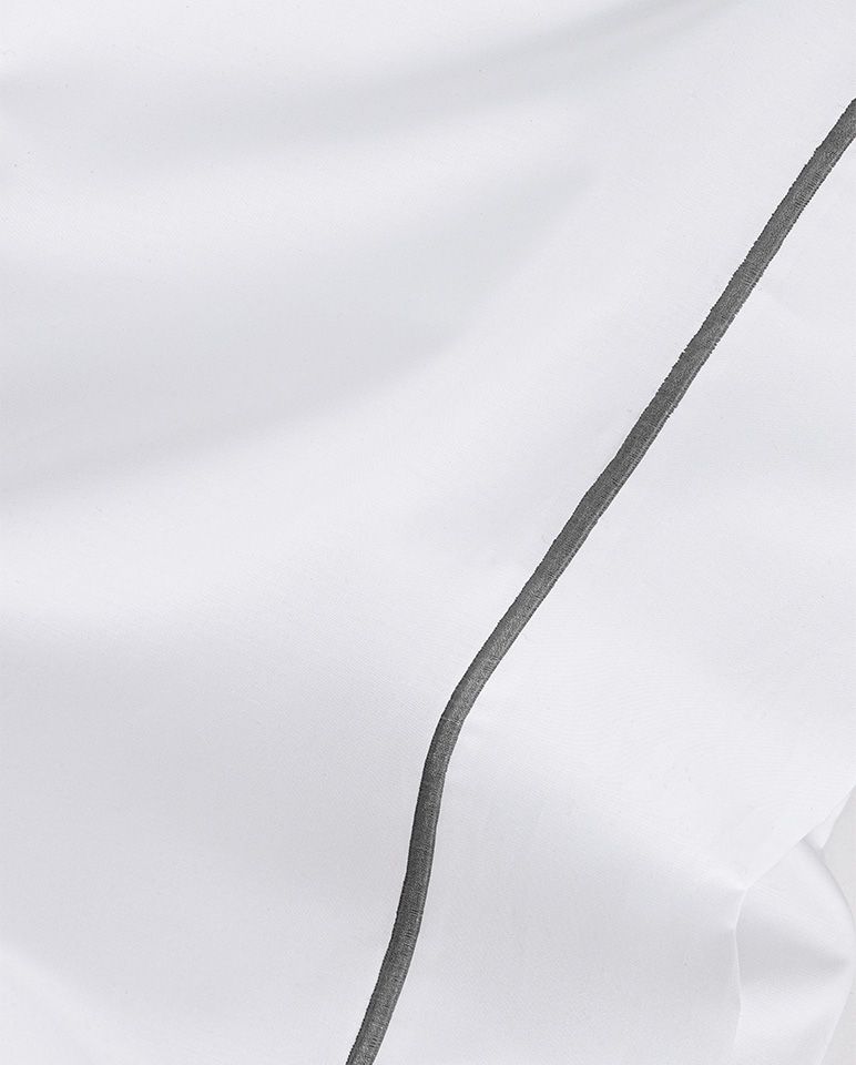 Drap plat Percale de coton Finition bourdon | Blanc Liseré Gris Orage