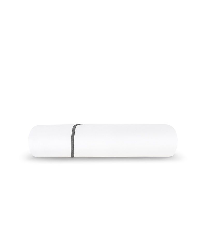 Drap plat Percale de coton Finition bourdon | Blanc Liseré Gris Orage