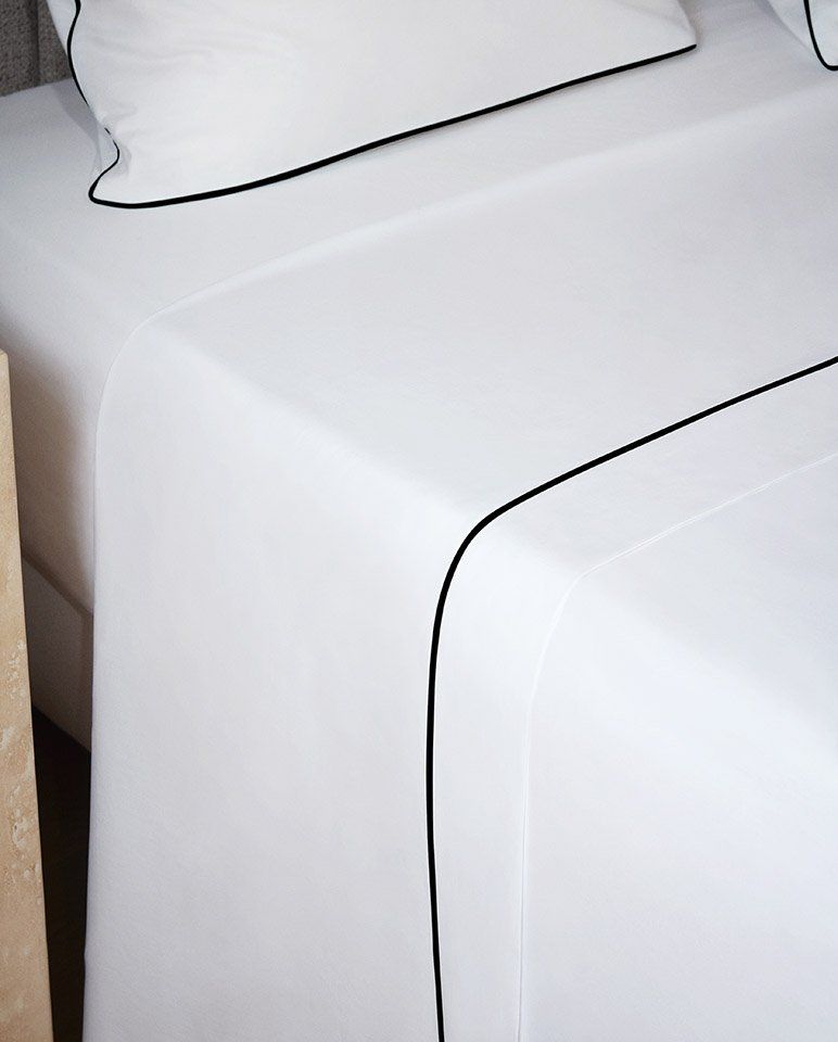 Drap plat Percale de coton Finition bourdon | Blanc Liseré Noir