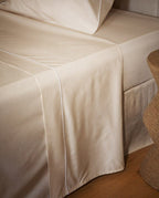 Percale Cotton Flat Sheet with Decorative Stitching | Ecru with White Border