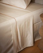 Drap plat Percale de coton Finition bourdon | Ecru Liseré Brun Acquilain