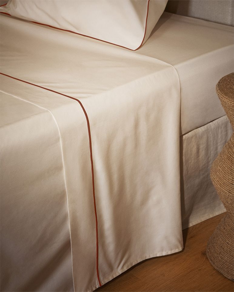 Drap plat Percale de coton Finition bourdon | Ecru Liseré Brun Auburn