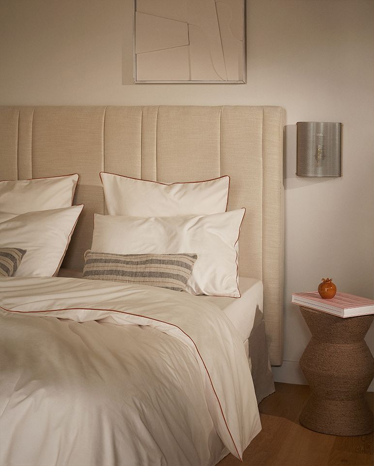 Drap plat Percale de coton Finition bourdon | Ecru Liseré Brun Auburn