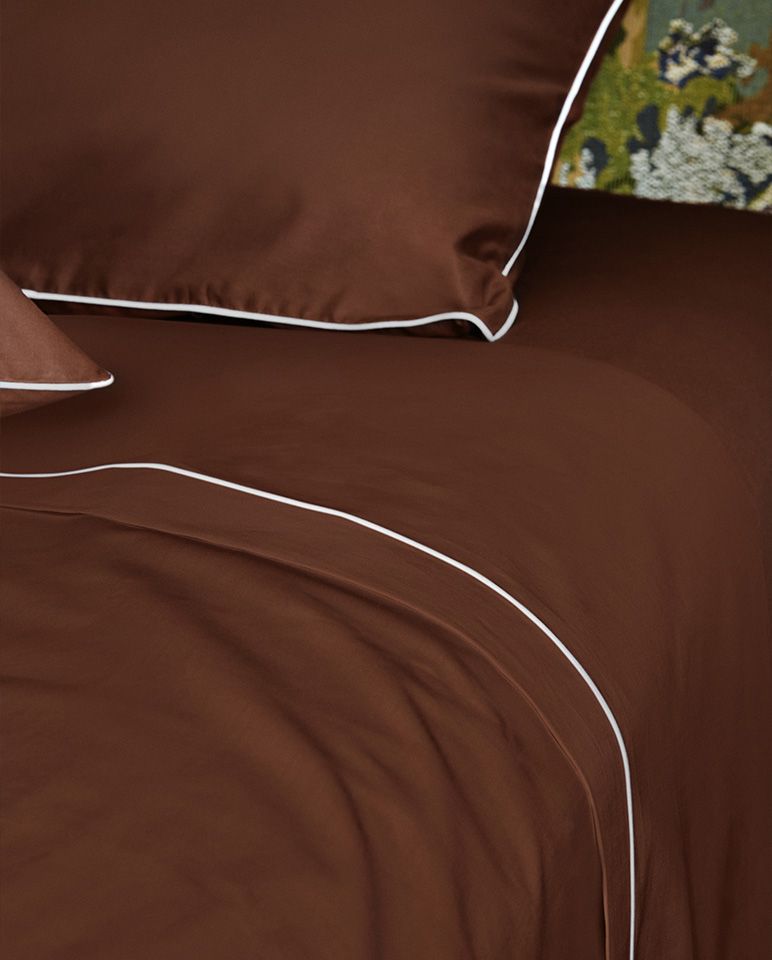 Drap plat Percale de coton Finition bourdon | Chocolat Liseré Blanc