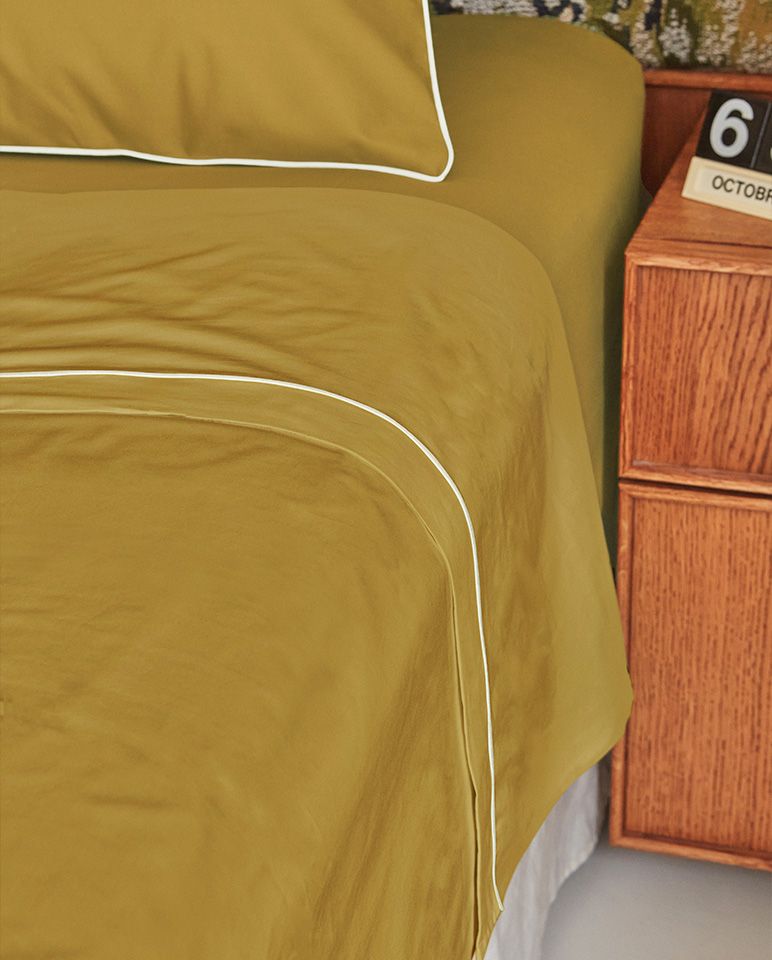 Flat sheet Cotton percale Piping finish | Bronze Green with White Border