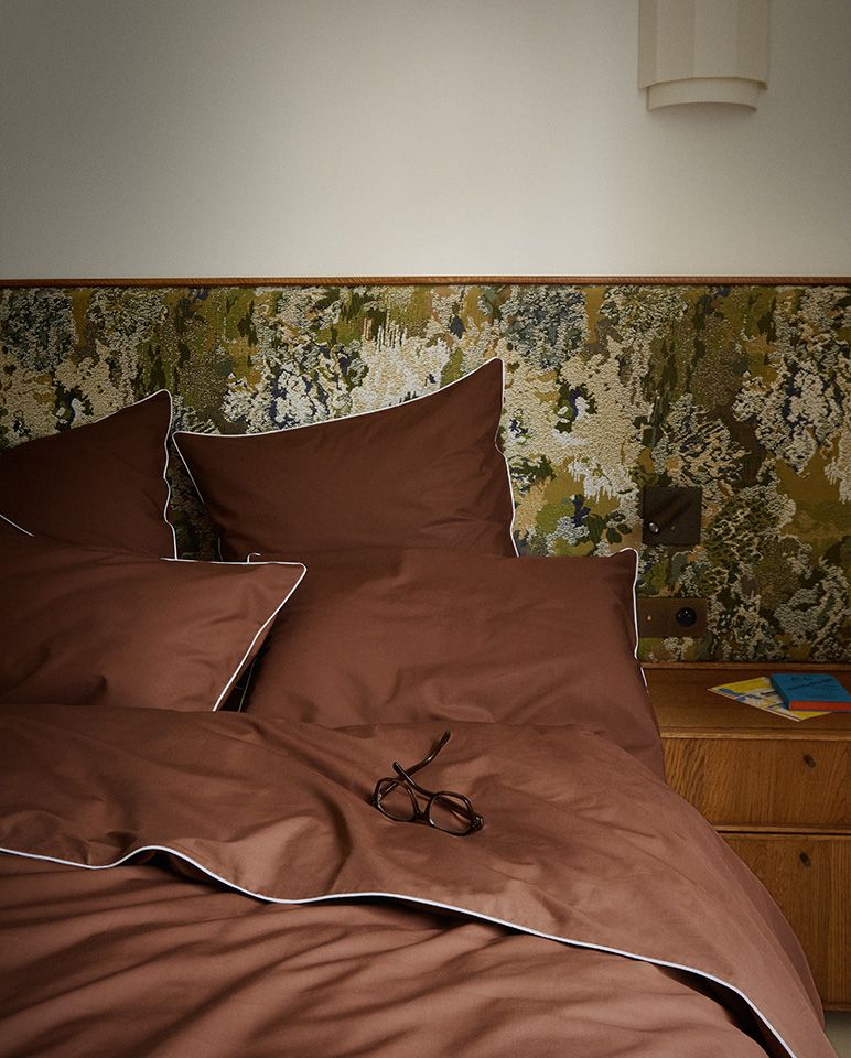 Drap plat Percale de coton Finition bourdon | Chocolat Liseré Blanc