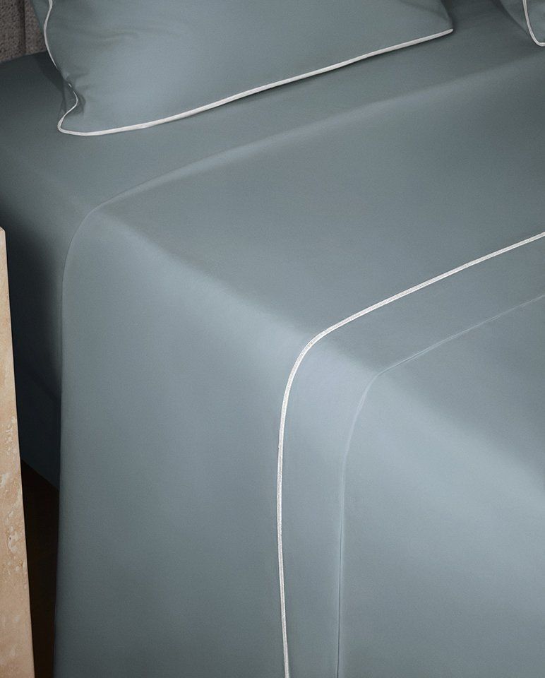 Drap plat Percale de coton Finition bourdon | Gris Liseré Blanc