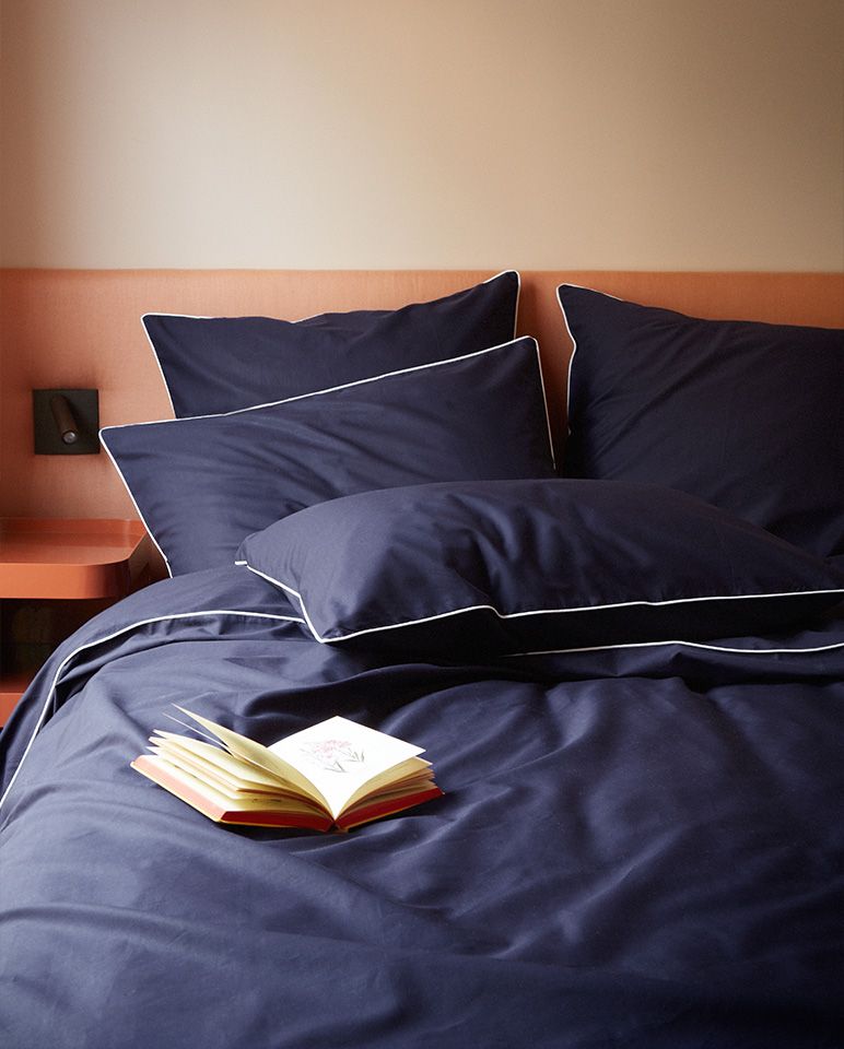 Drap plat Percale de coton Finition bourdon | Bleu Nuit Liseré Blanc