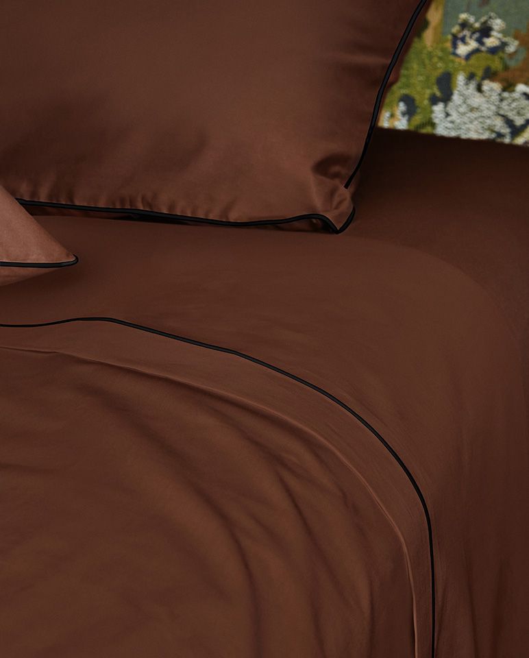 Drap plat Percale de coton Finition bourdon | Chocolat Liseré Noir