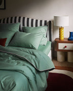 Housse de couette Percale de coton | Vert Lichen Liseré Rose Nymphe