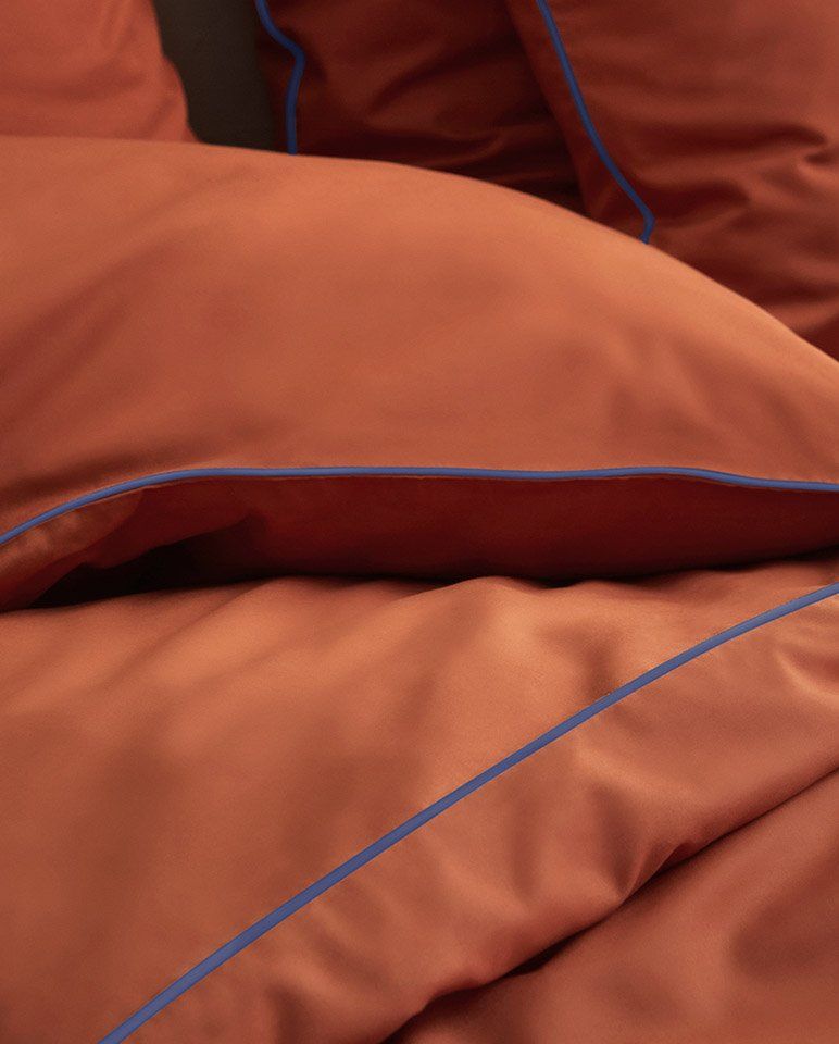 Housse de couette Percale de coton | Terracotta Liseré Bleu Cobalt