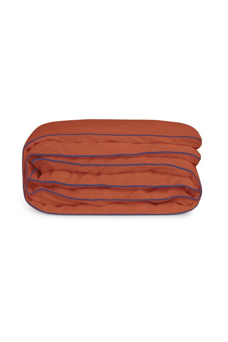 Housse de couette Percale de coton | Terracotta Liseré Bleu Cobalt