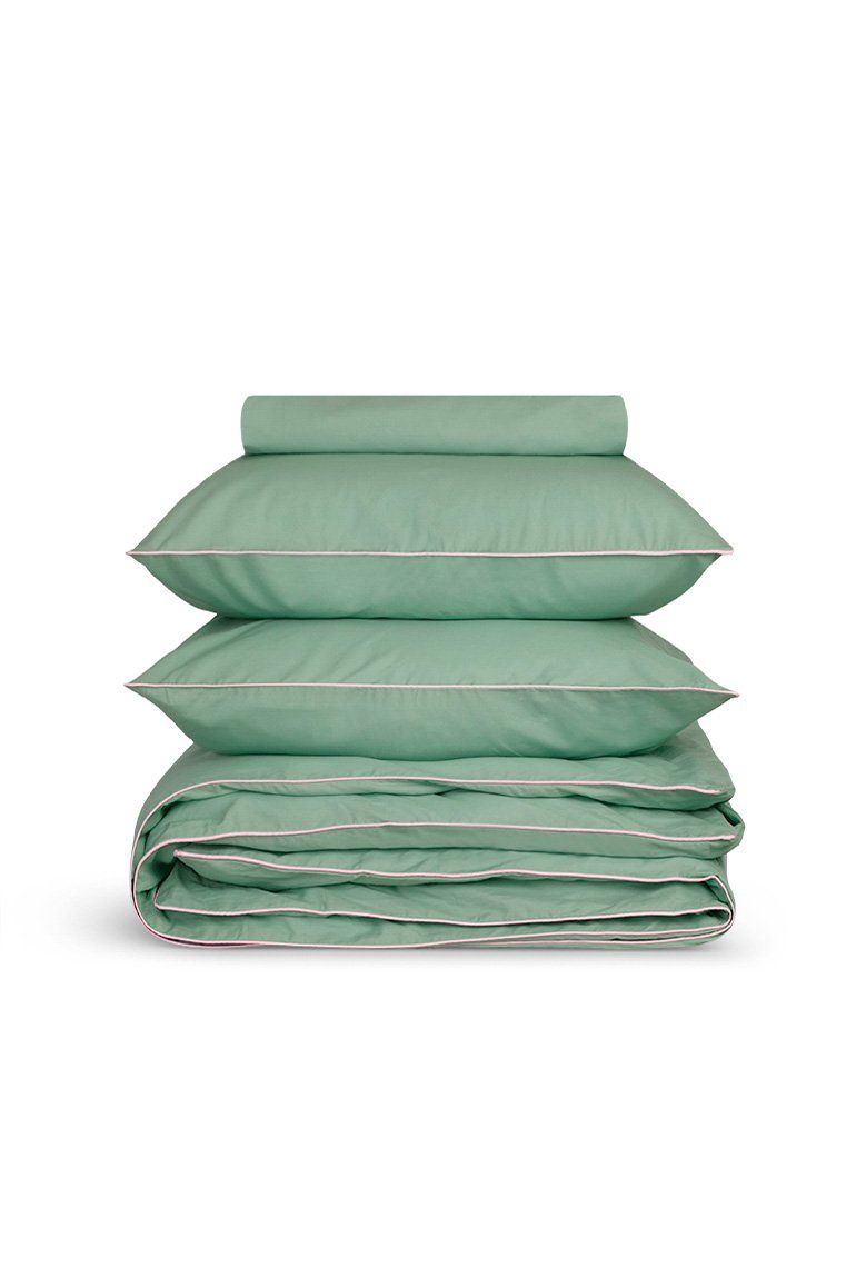 Percale Cotton Duvet Cover | Lichen Green Nymph Pink Piping