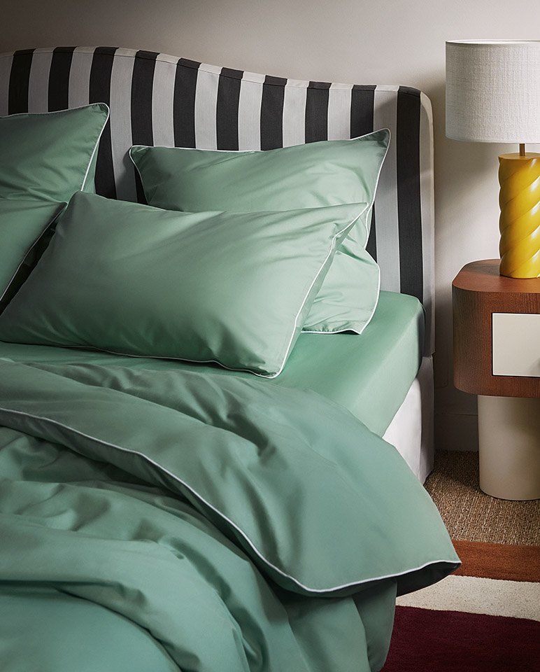 Percale Cotton Duvet Cover | Lichen Green with White Piping