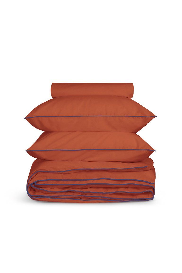 Housse de couette Percale de coton | Terracotta Liseré Bleu Cobalt