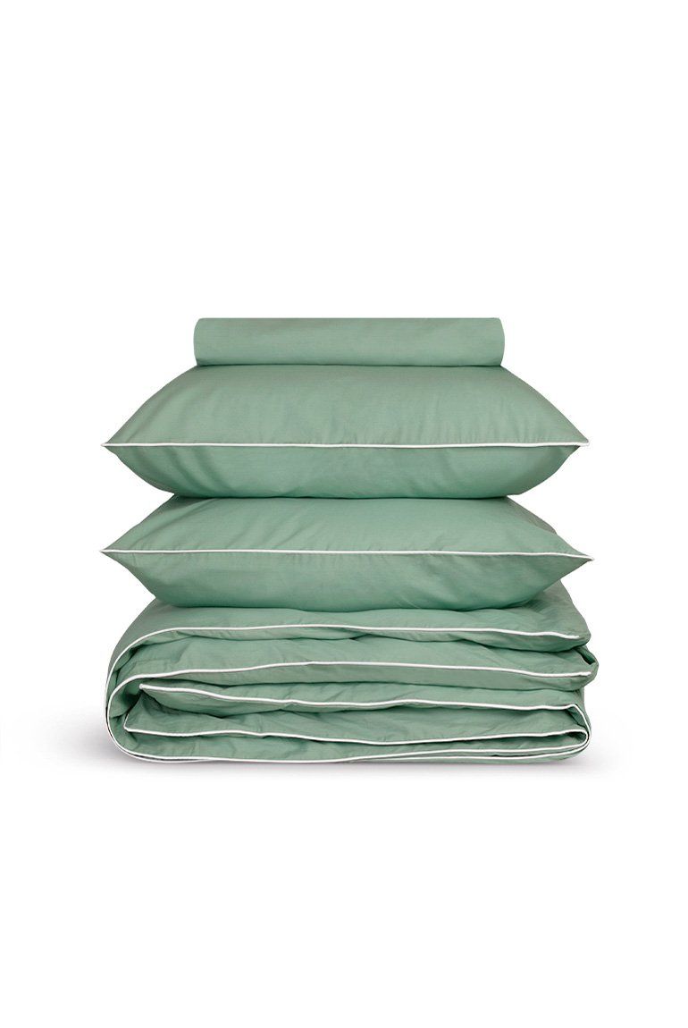 Percale Cotton Duvet Cover | Lichen Green with White Piping