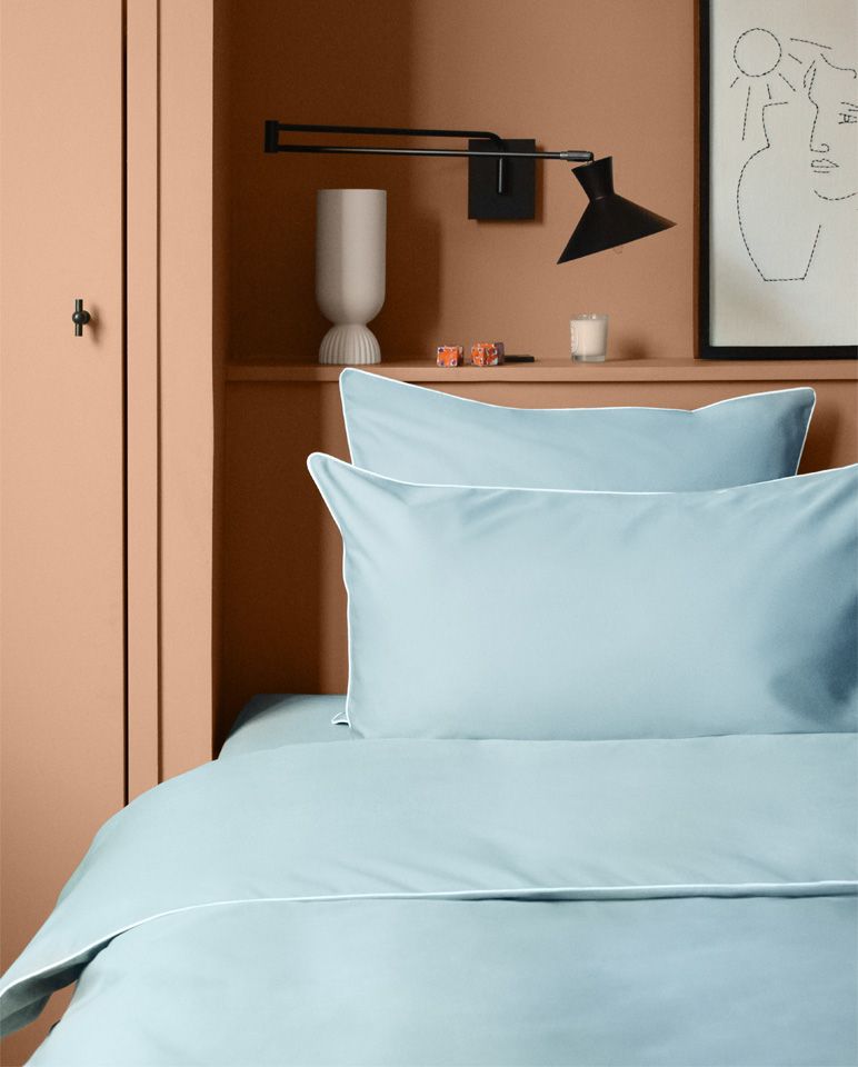 Housse de couette Percale de coton | Bleu Céleste Liseré Blanc