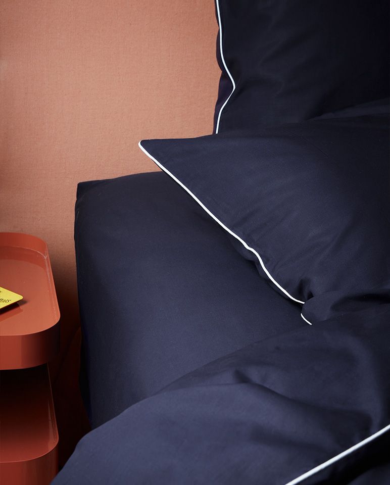 Housse de couette Percale de coton | Bleu Nuit Liseré Blanc