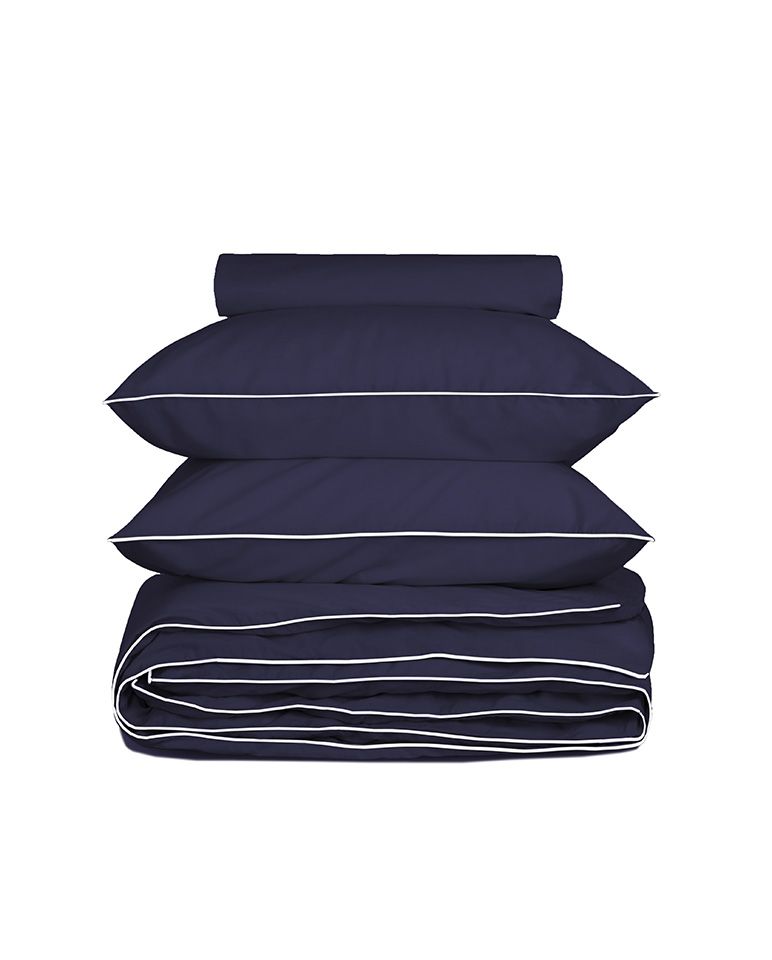Housse de couette Percale de coton | Bleu Nuit Liseré Blanc