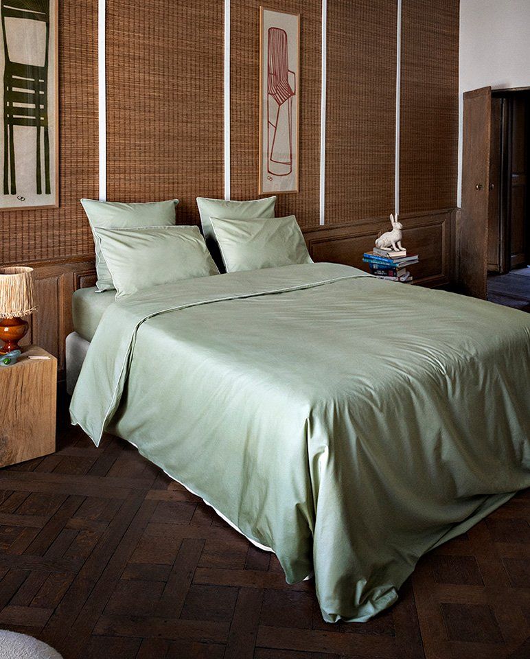 Housse de couette Percale de coton | Vert Amande Liseré Blanc