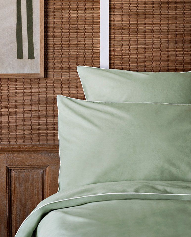 Housse de couette Percale de coton | Vert Amande Liseré Blanc