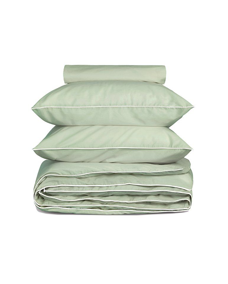 Housse de couette Percale de coton | Vert Amande Liseré Blanc