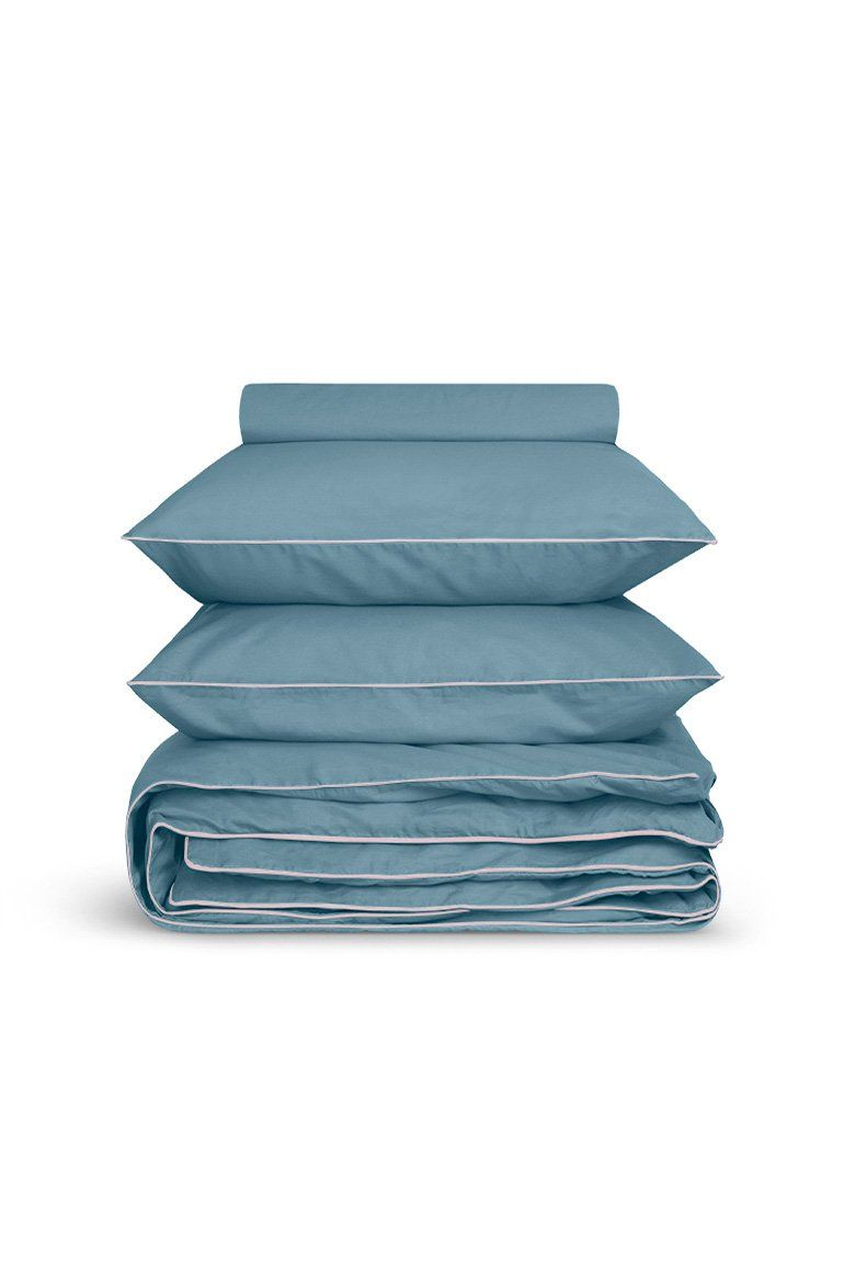 Housse de couette Percale de coton | Bleu Chardin Liseré Rose Nymphe