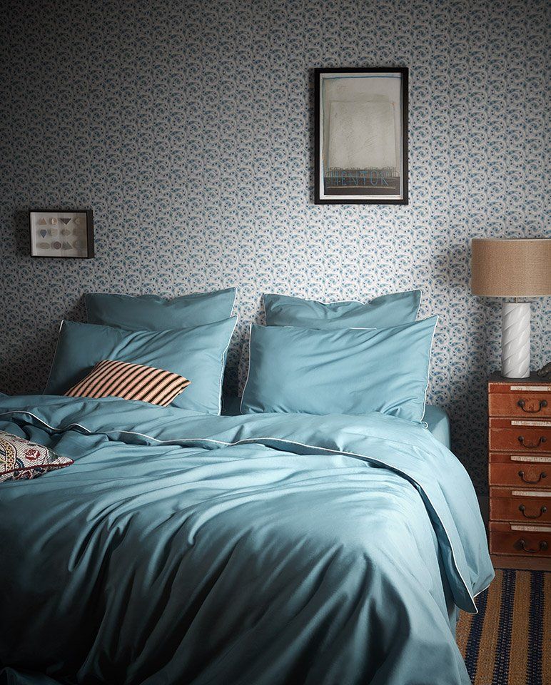 Housse de couette Percale de coton | Bleu Chardin Liseré Blanc
