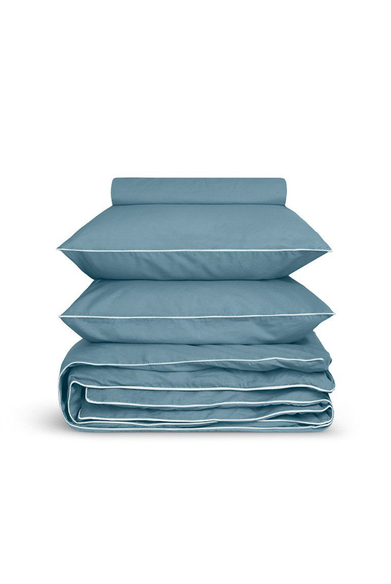 Housse de couette Percale de coton | Bleu Chardin Liseré Blanc
