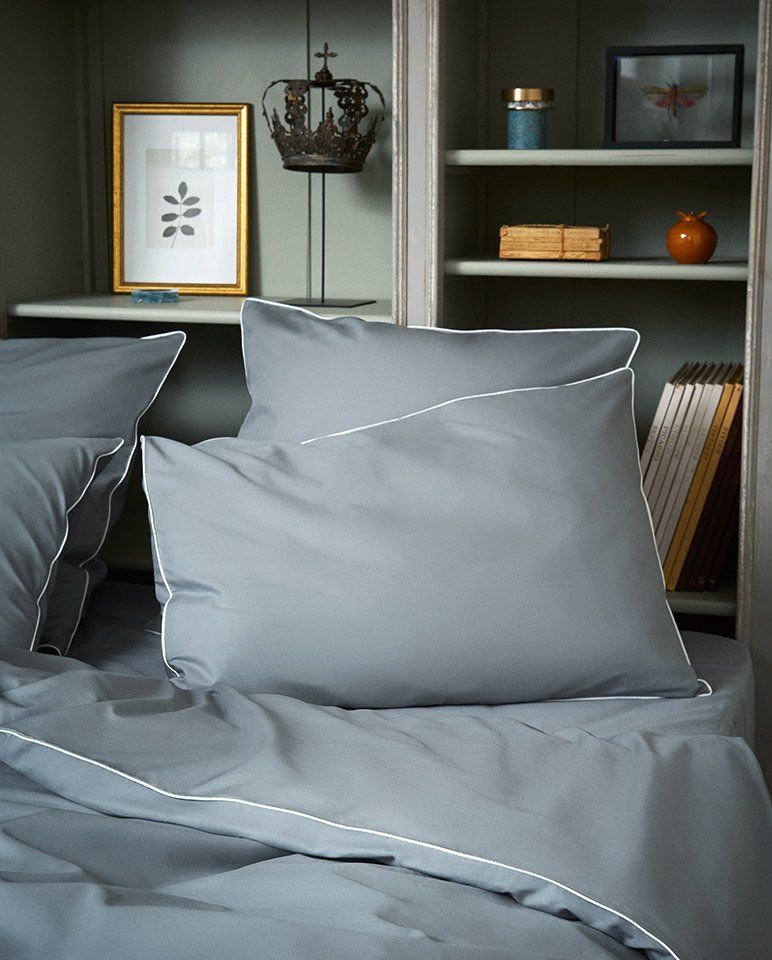 Housse de couette Percale de coton | Gris Liseré Blanc