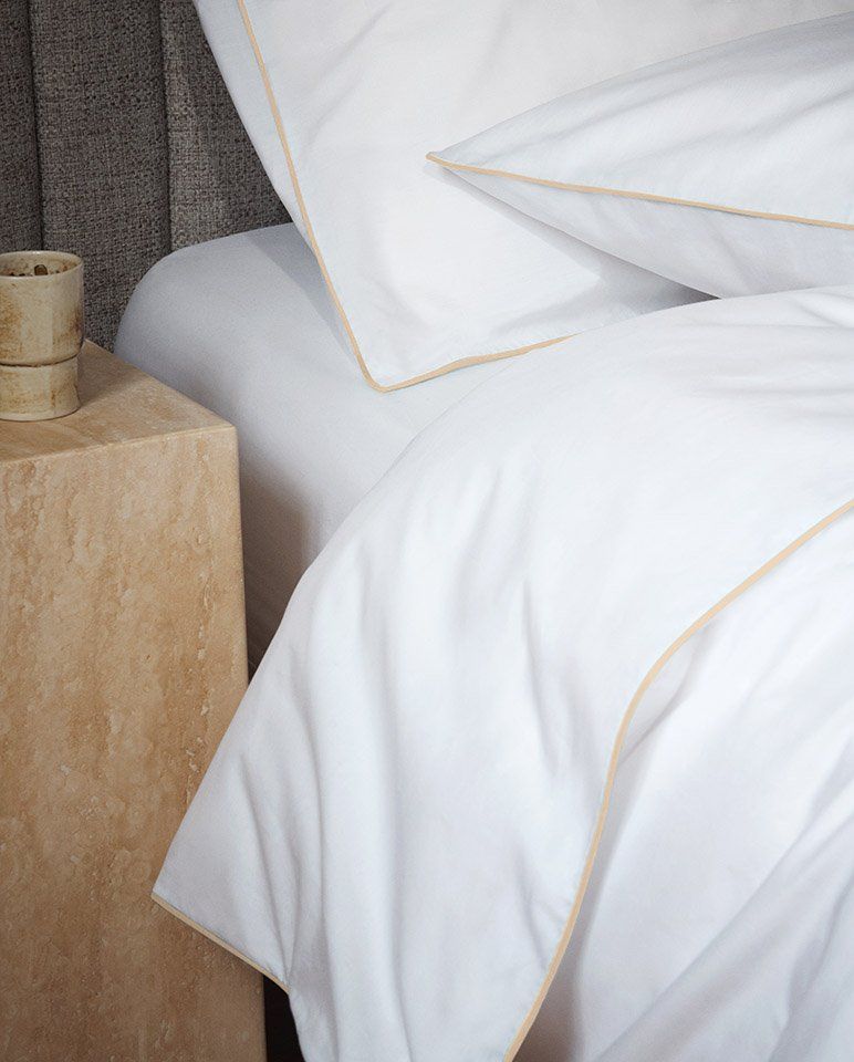 Cotton Percale Duvet Cover | White with Ecru Piping