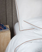 Percale Cotton Duvet Cover | White with Auburn Brown Piping